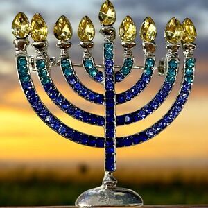 Sparkling Menorah Blue Rhinestone Brooch